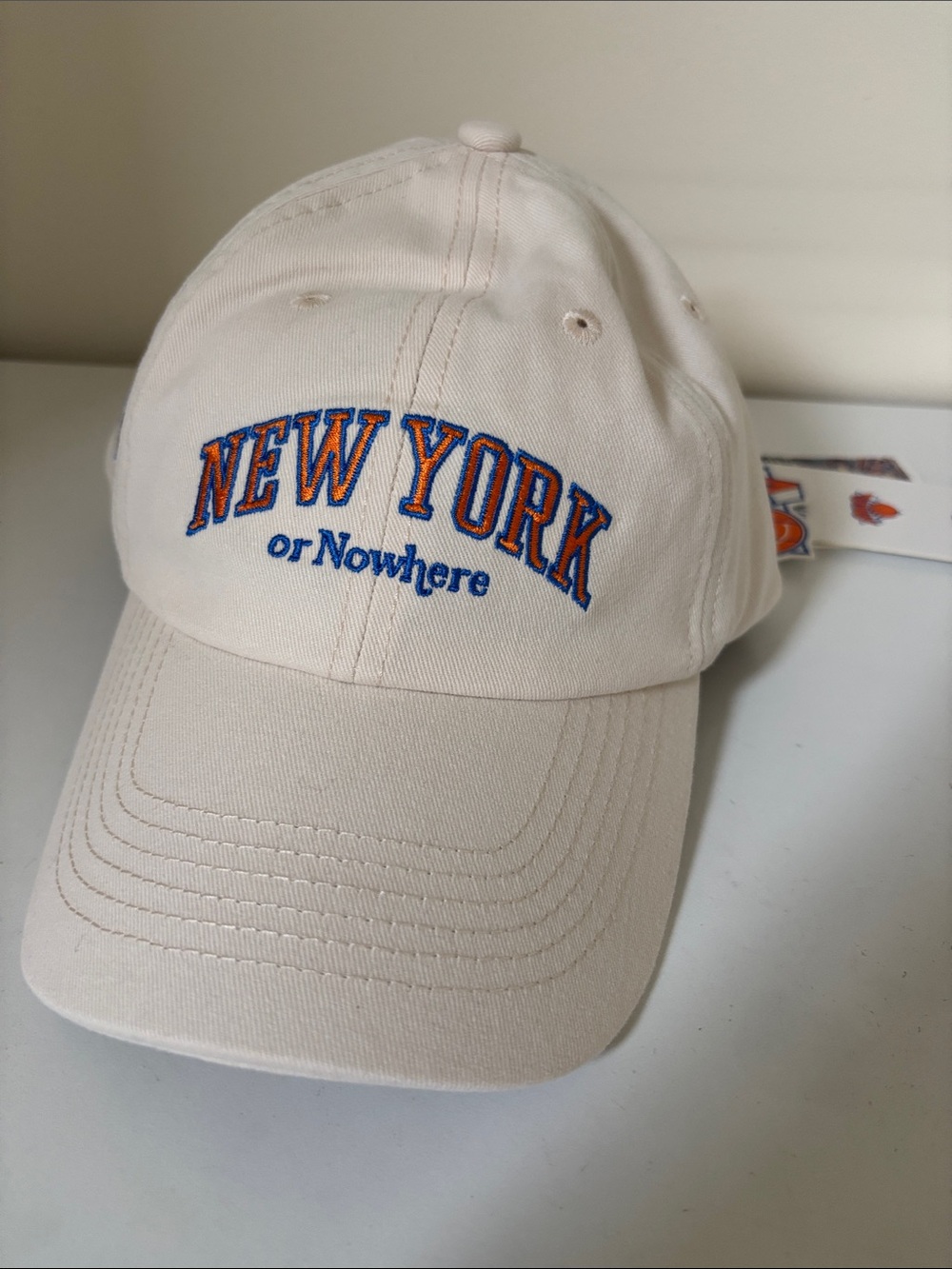 Knicks NEW YORK or Nowhere Baseball Hat - Cream with Blue & Orange Embroidery